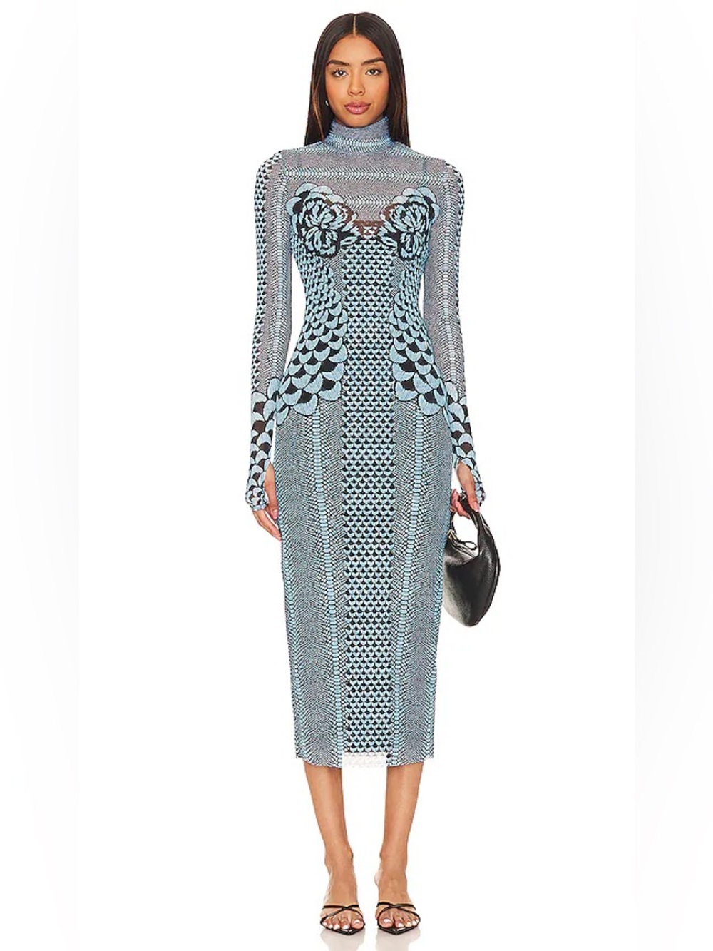 AFRM Blue and Black Long Sleeve Midi Knit Dress